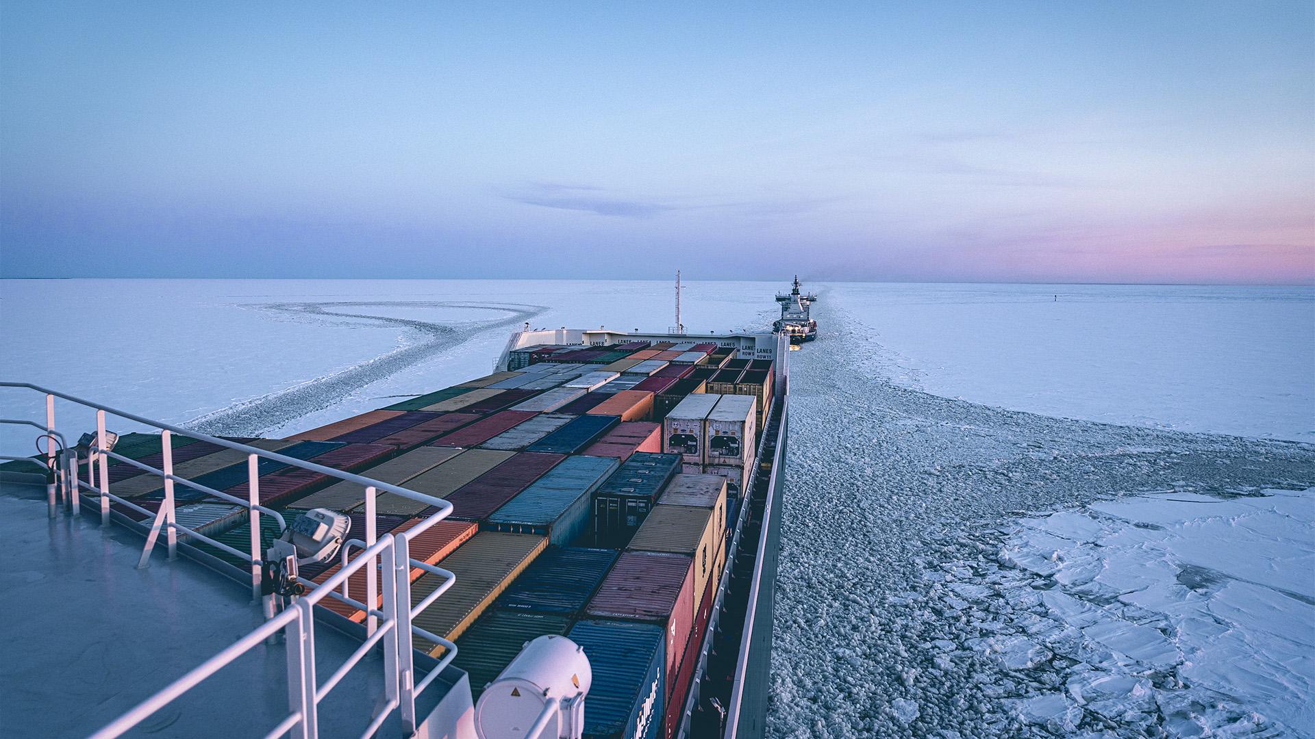 Ice breaker creating a clear passage for a much bigger RoRo-vessel
