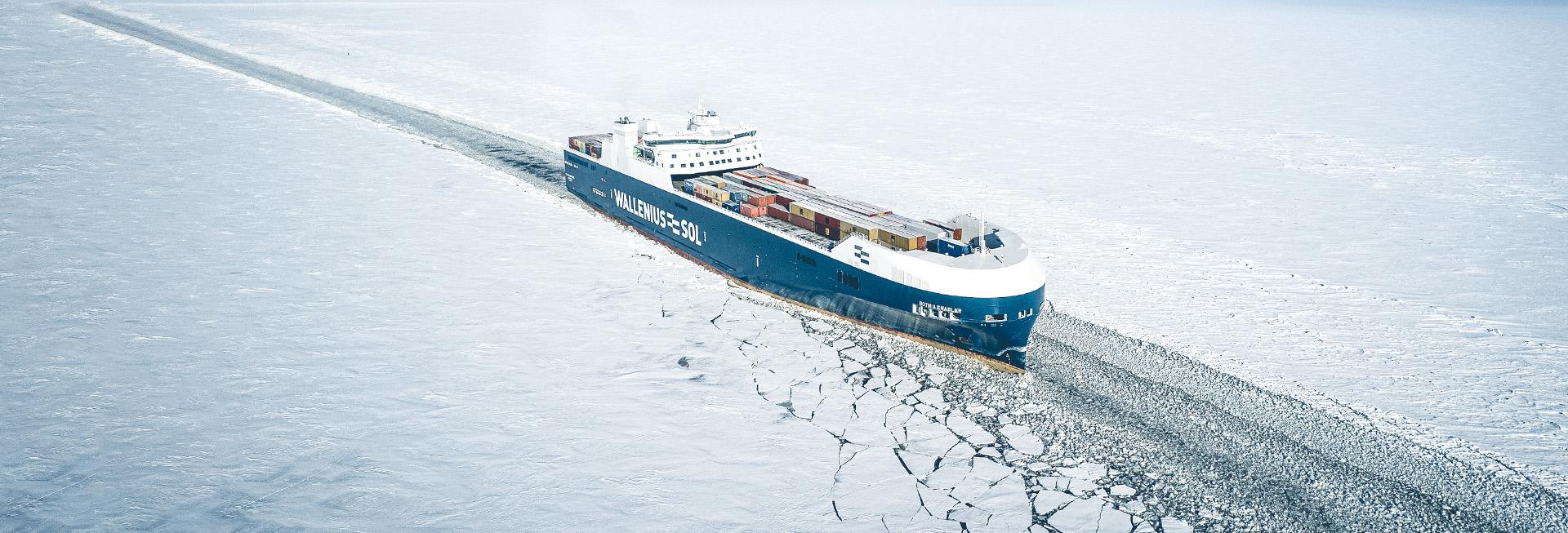 RoRo vessel Botnia Enabler plows through the ice in the Gulf of Bothnia
