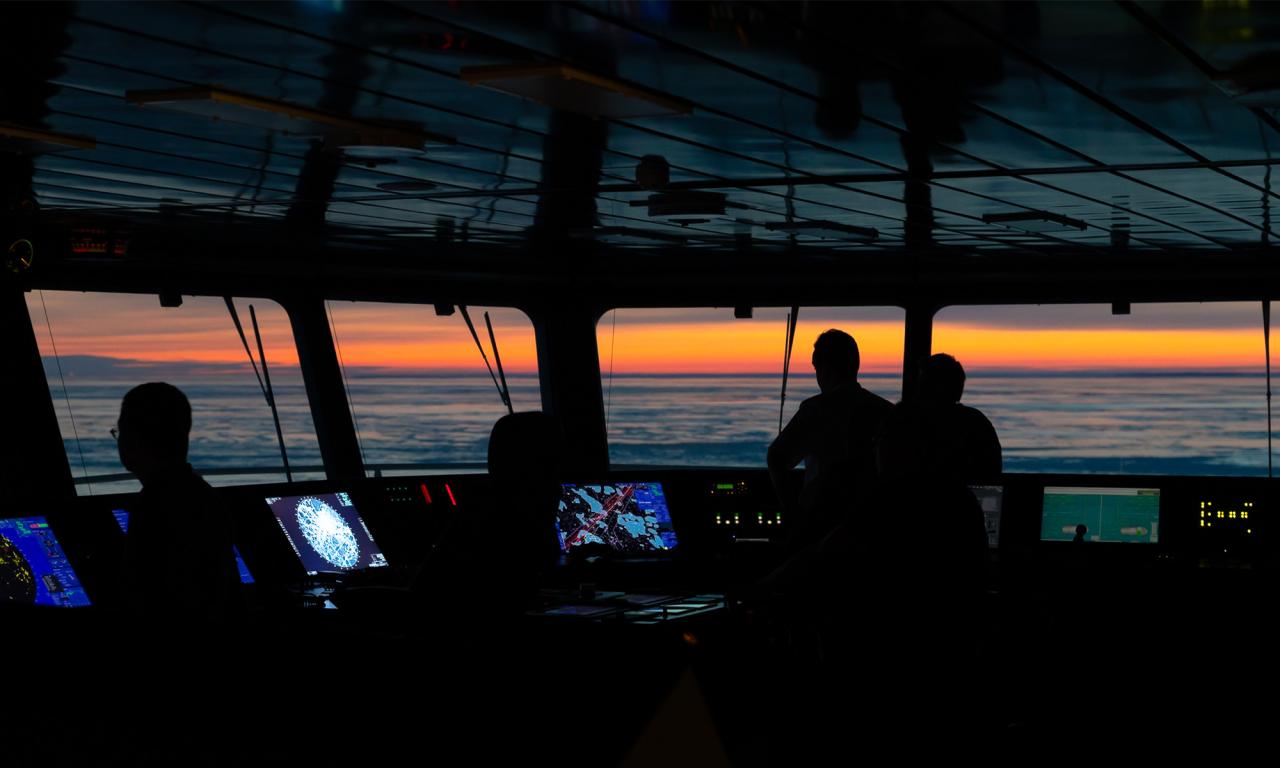 The bridge on the vessel during sunset
